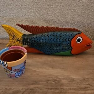 Whimsical Mexican Folk Art Painted Fish Decor and  Lizard Planting Pot